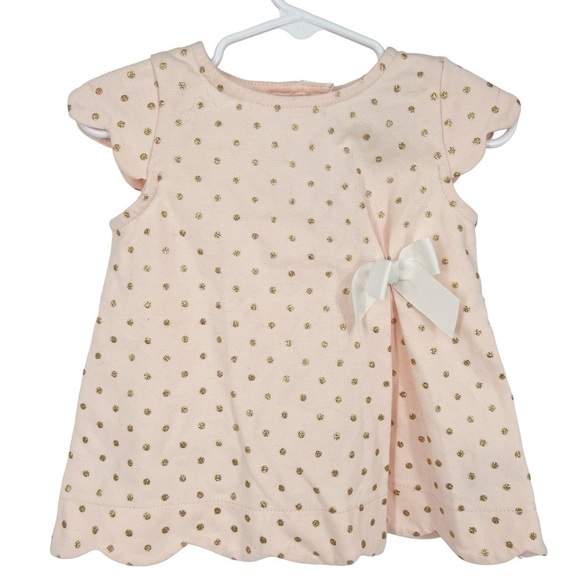 Tahari Baby Pink and Gold Polka Dot Bow Short Scalloped Sleeve Dress - Picture 1 of 4